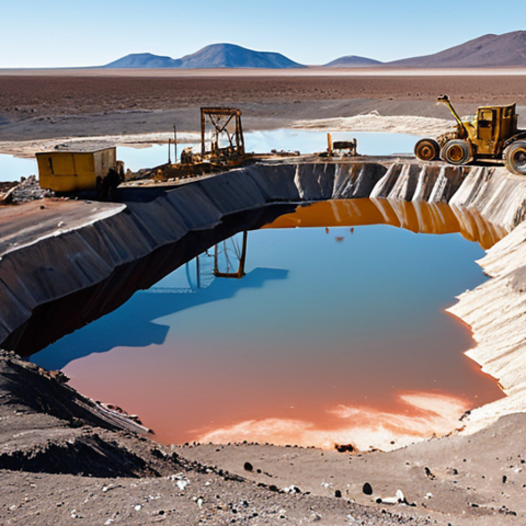 A desolate landscape in South America with dried-up lakes due to lithium mining, highlighting the environmental costs of battery production. Capture the scale of the devastation with a focus on the cracked earth and abandoned mining equipment.
