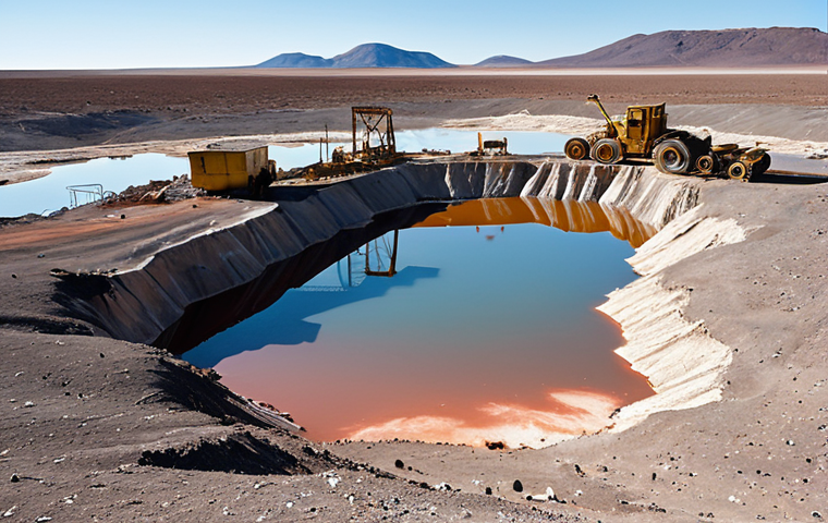 A desolate landscape in South America with dried-up lakes due to lithium mining, highlighting the environmental costs of battery production. Capture the scale of the devastation with a focus on the cracked earth and abandoned mining equipment.