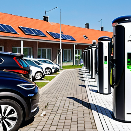 Home 6 **
A modern, eco-friendly Polish city street scene. Focus on a charging station with several electric cars plugged in, showcasing various models (compact cars, SUVs). In the background, subtle solar panels on rooftops. Depict a clean, bright day, emphasizing the optimistic future of electromobility in Poland. Include subtle Polish branding or recognizable architectural details.
**