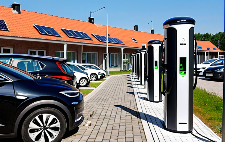 **
A modern, eco-friendly Polish city street scene. Focus on a charging station with several electric cars plugged in, showcasing various models (compact cars, SUVs). In the background, subtle solar panels on rooftops. Depict a clean, bright day, emphasizing the optimistic future of electromobility in Poland. Include subtle Polish branding or recognizable architectural details.
**