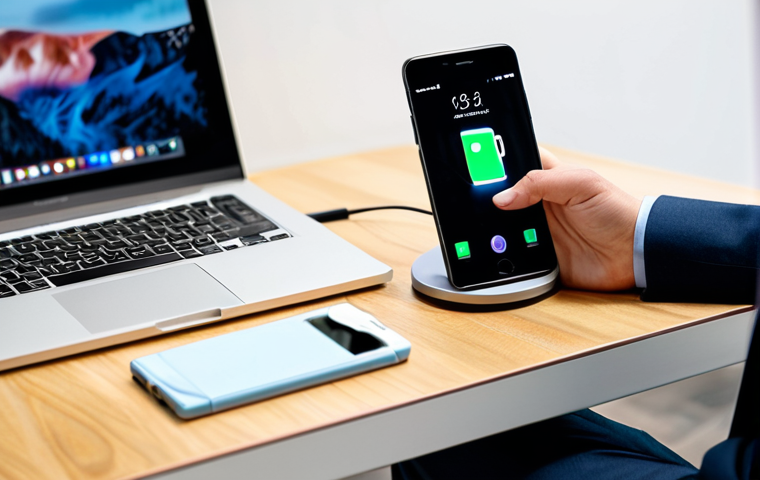 A professional person, mid-30s, dressed in a smart business casual outfit, casually plugging a modern smartphone into a sleek, compact fast charger. The phone screen shows a visible "fast charging" icon. The setting is a brightly lit, contemporary co-working space with a clean wooden desk, a blurred laptop in the background, and a coffee mug. The mood is productive and efficient. Professional photography, soft natural light, high-resolution, sharp focus, fully clothed, appropriate attire, modest clothing, perfect anatomy, correct proportions, natural pose, well-formed hands, proper finger count, natural body proportions, safe for work, appropriate content, family-friendly.